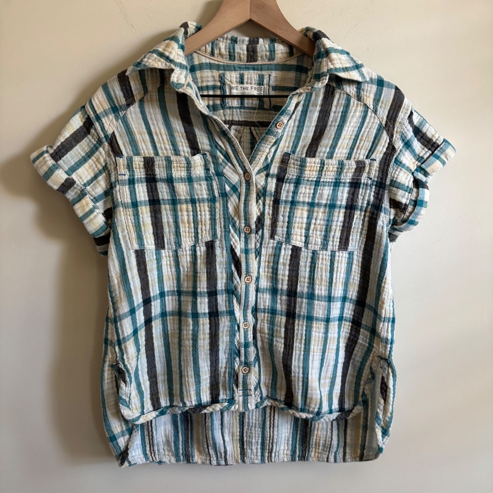 We The Free People Plaid Gauze Short Sleeve Button Down Shirt Teal Cream XS